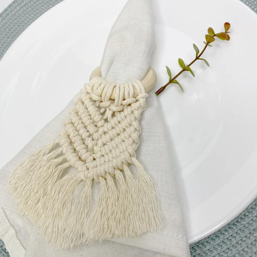 Boho Napkin Rings with Wooden Ring, Handmade Woven Fringe Napkin Holders for Rustic Wedding, Party & Farmhouse Table Decor