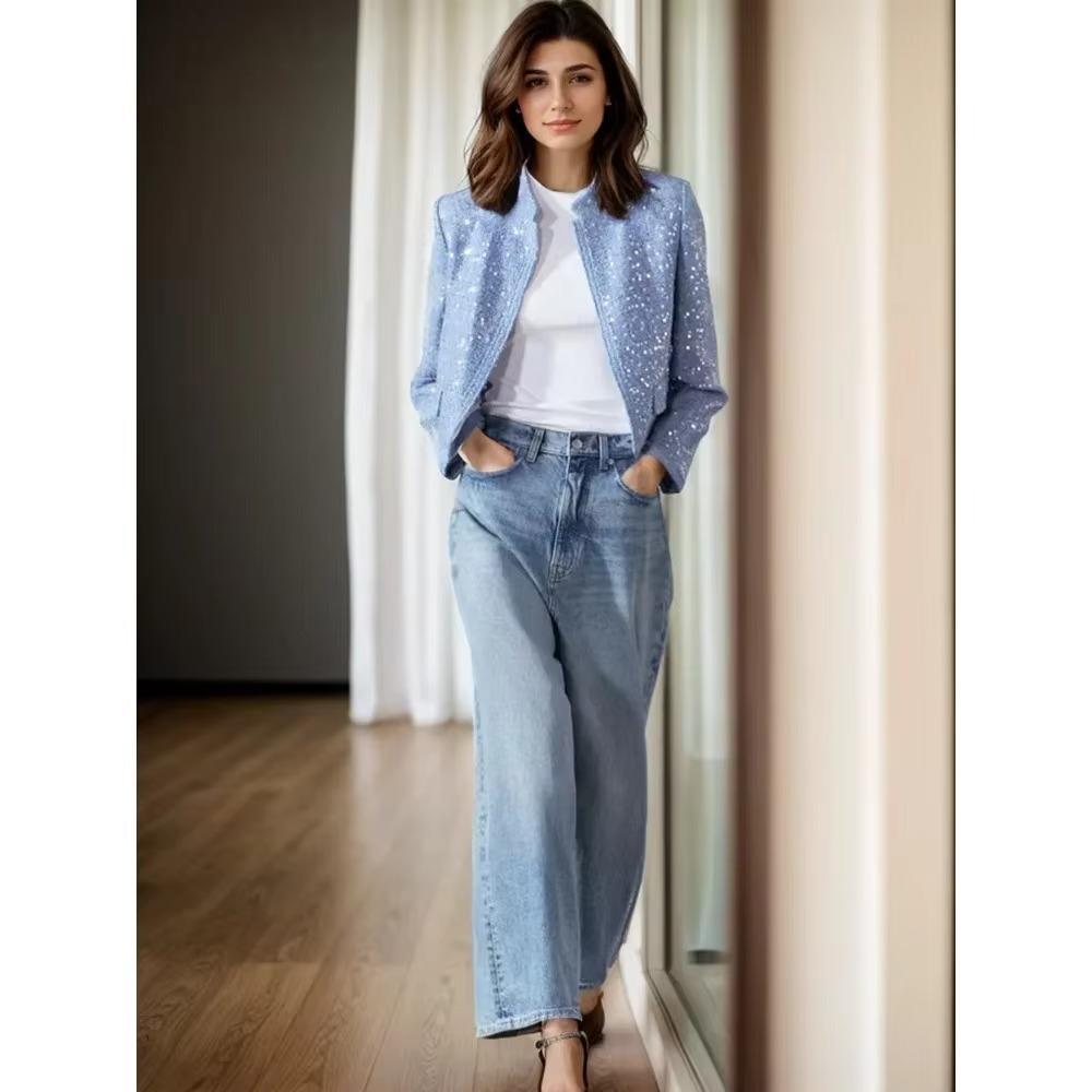 Женская короткая куртка с пайетками, воротником-стойкой, длинными рукавами и карманами, весна и осень, новый женский шикарный кардиган