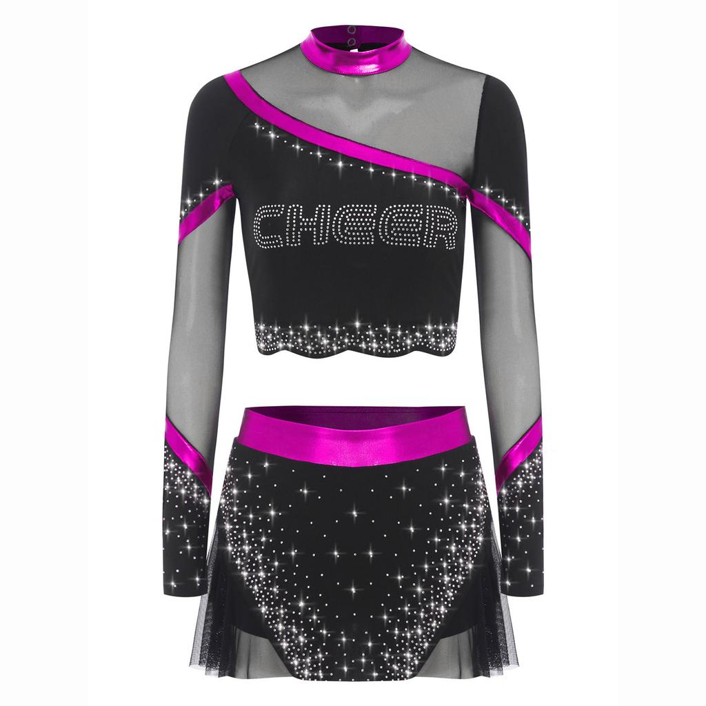 Womens Cheerleading Costume Set Long Sleeve Rhinestone Crop Top Matching Dance Skirt Performance Outfit