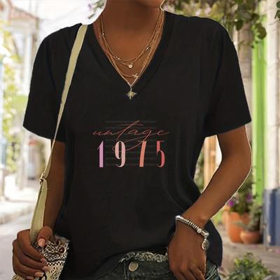 Молодежная одежда Футболка Винтаж 1974/1975 Розовый Печать Женщины Короткие рукава Повседневный V-образный вырез День рождения Год Рубашки Толстовки