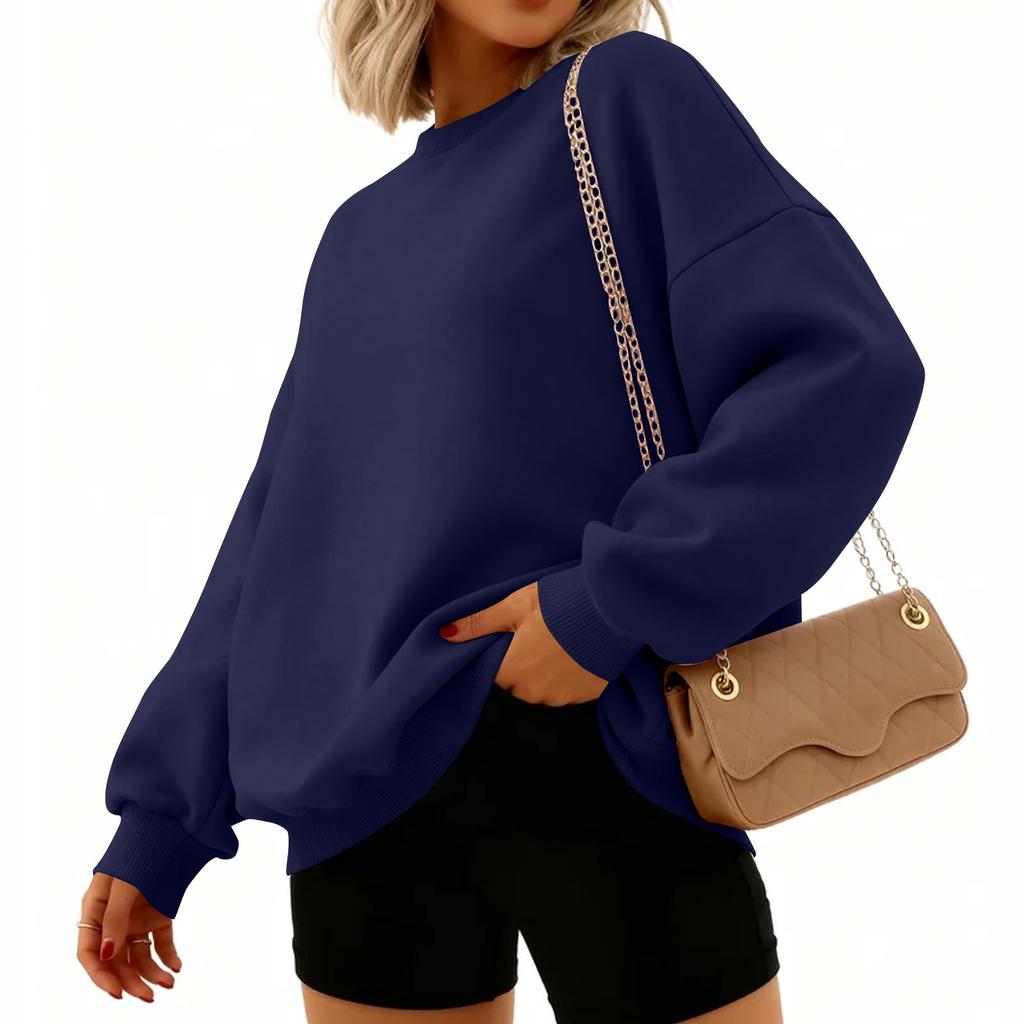 Women's Fashion Long Sleeve Solid Color Round Neck Loose Pullover Sweater Top