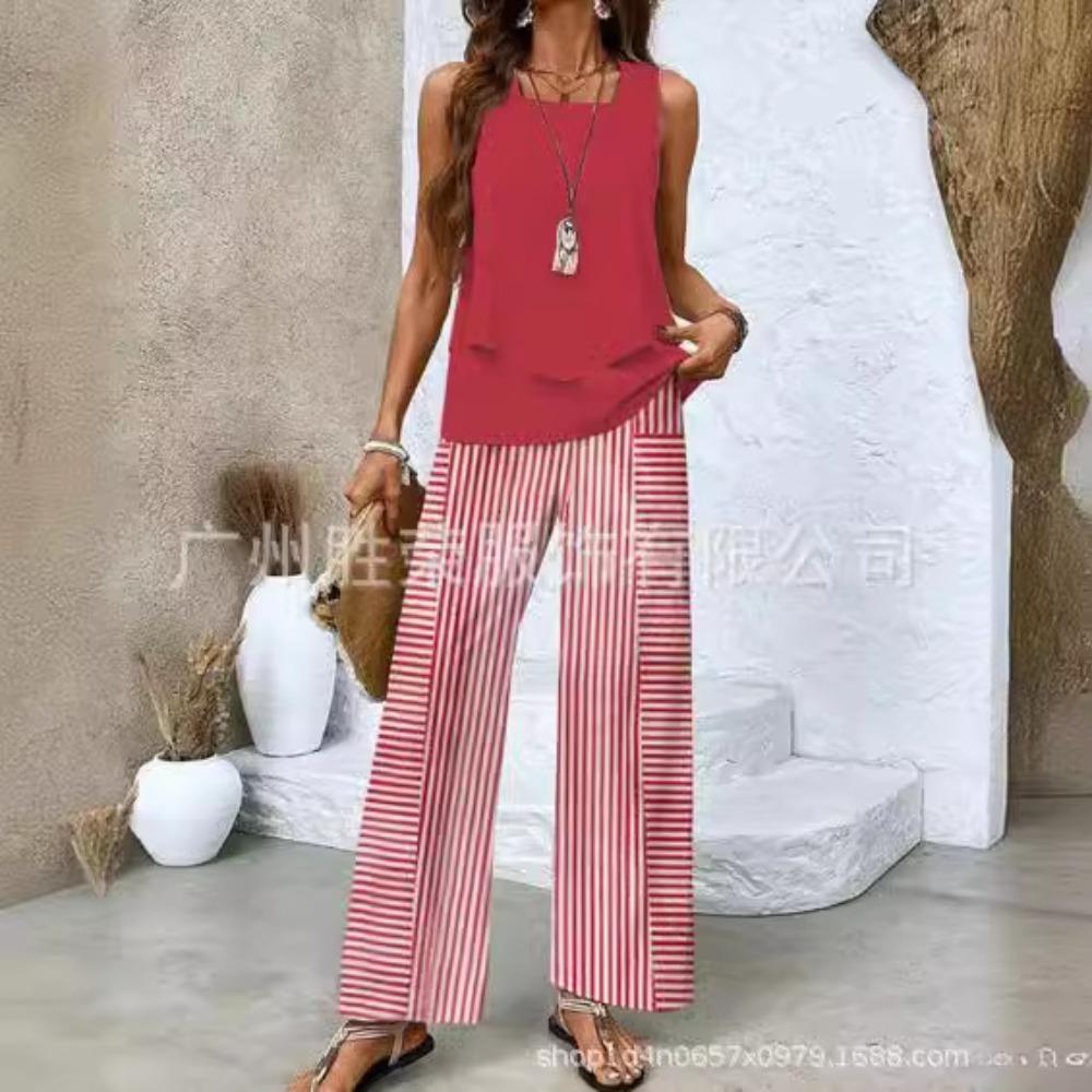 Layer Double Women Sleeveless Vest And Pants Set Casual Solid Two Piece Outfit Fashion Daily Matching Suit