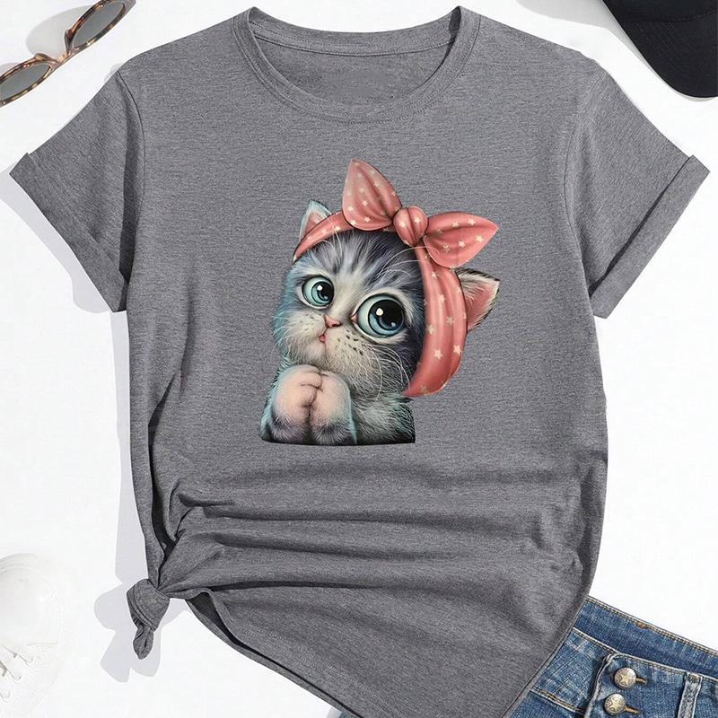 Модная женская футболка с милым мультяшным животным и принтом кота, забавная повседневная футболка с круглым вырезом и короткими рукавами, летняя женская футболка