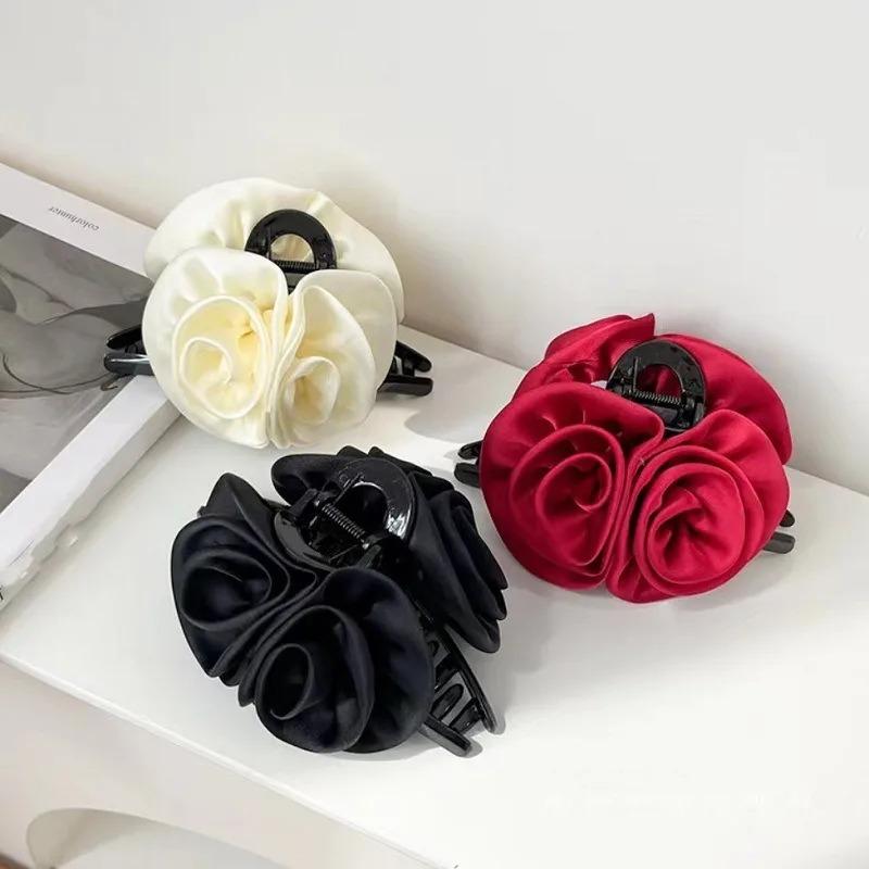 French Big Double Rose Flower Hair Claw Clips for Women Girls Vintage Satin Solid Fabric Handmade Shark Hairgrip Accessories