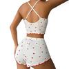 2 Pcs/Set Women Vest Shorts Suit Bow Heart Print Sleeveless Shirring Top High Waist Short Trousers Homewear Loungewear Outfit Summer Sleepwear