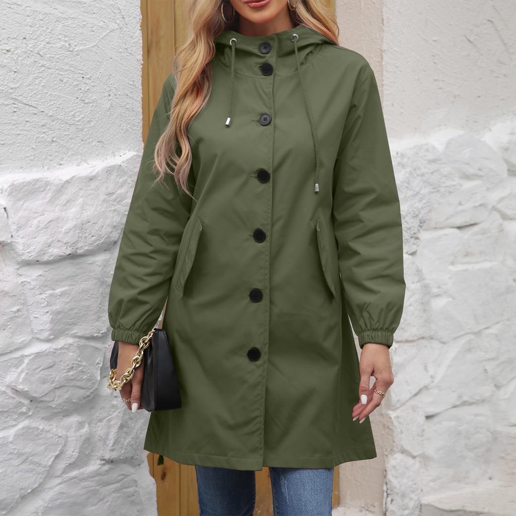 Women's Fashionable Solid Color Hooded Long Sleeved Zipper Pocket Waterproof Windbreaker Loose Trench Coat Jacket