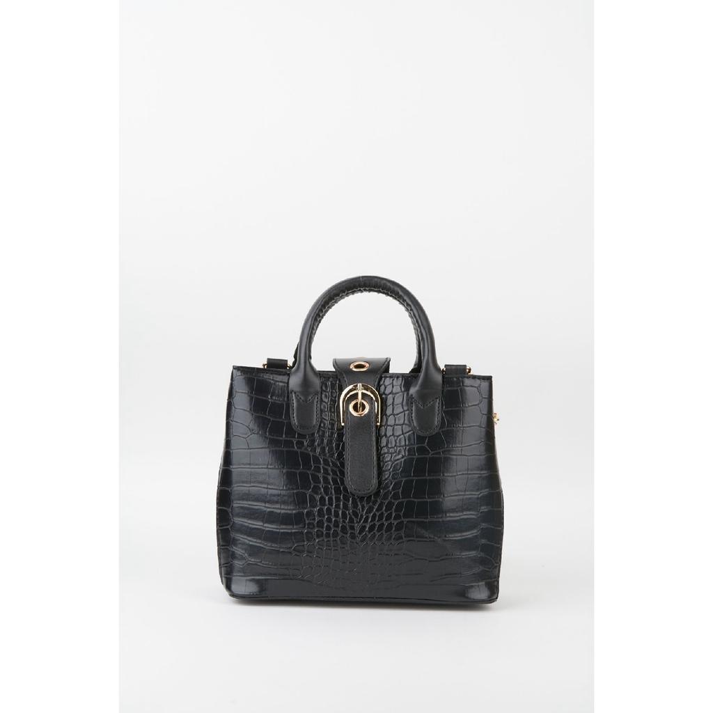 Women's Black Faux Leather Croco Patterned Strap Snap Fastener Zipper Closure Hand And Shoulder Bag