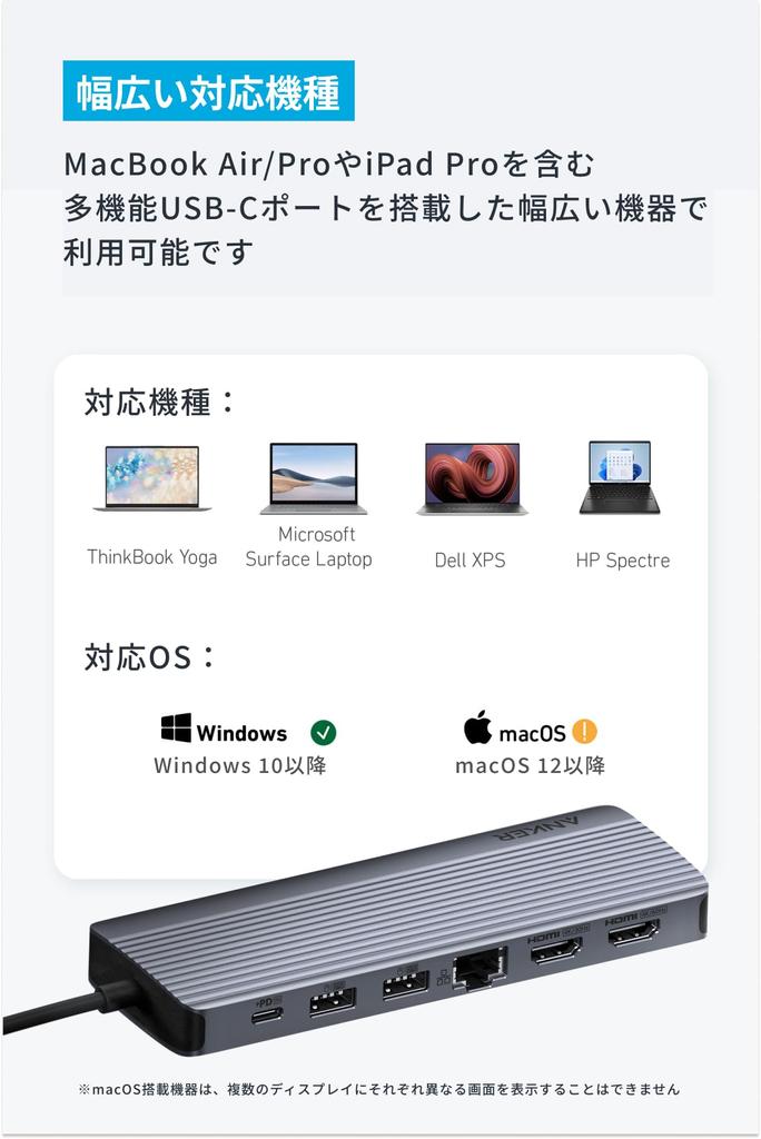 Anker Hub Triple HDMI 1080p VGA 100 Вт USB PD совместимый 5 Гбит/с высокоскоростная передача данных MacBook USB-C (14-в-1, Дисплей) 4K(60Гц) USB-C USB-A Pro/Air