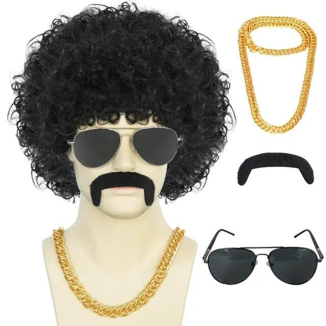 1 ожерелье + 1 очки + 1 шапочка для парика + 1 борода + синтетические короткие афро вьющиеся черные коричневые 80-е 70-е годы диско-рок мужской парик для косплея на Хэллоуин