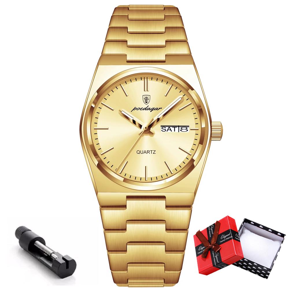 POEDAGAR Роскошные часы для женщин, элегантные кварцевые часы, водонепроницаемые, светящиеся, с датой и неделей, женские часы из нержавеющей стали