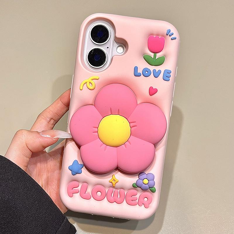 Cute 3D Flower Holder Stand Soft Silicone Phone Case For iPhone 13 14 15 16 17 Pro Max Shockproof Back Cover