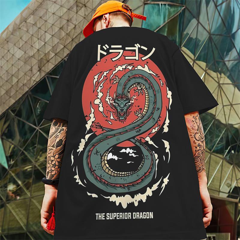 Retro T-Shirts For Men 3d Japanese Dragon Print Male Clothing Summer Casual Short Sleeved Oversized T-Shirt Street Harajuku Tees