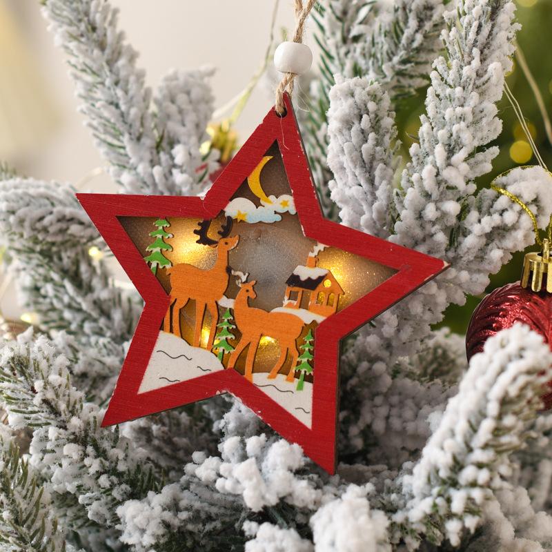 Christmas Tree Led Lighting Pendant Star Ornaments Hanging Pendants Party Xmas Wooden For Round/star With Lights Santa Decoratio