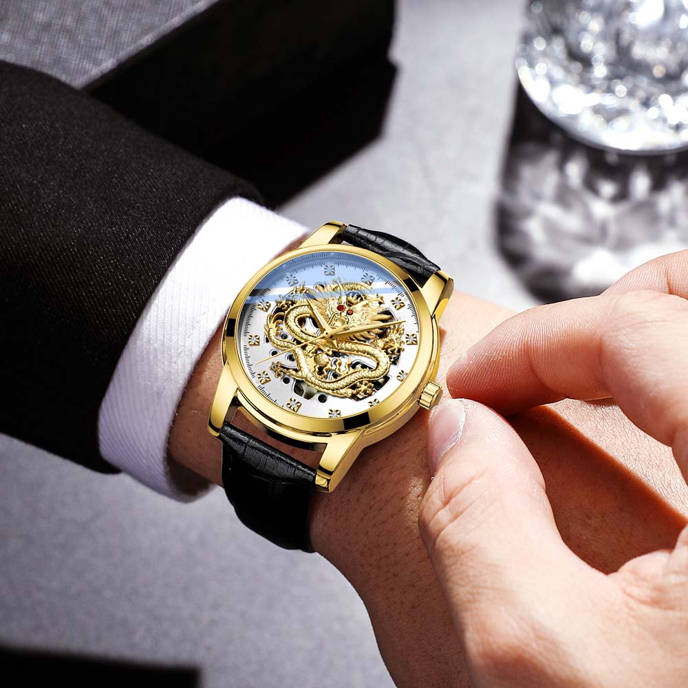 CHENXI Fully Automatic Mechanical Watch Embossed Golden Dragon Skeleton Design Waterproof Chinese Dragon Fashion Men's Watch