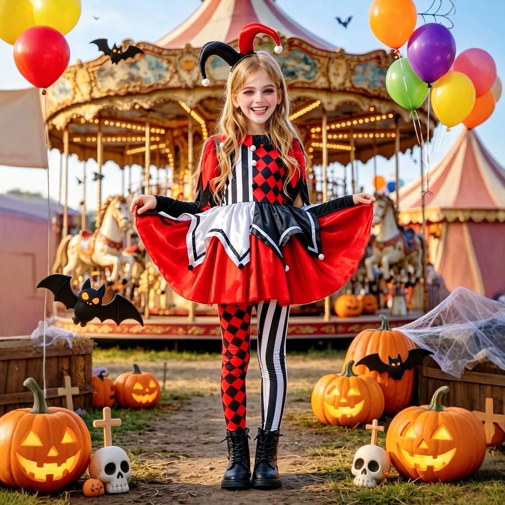 Halloween children's costumes: spooky clown outfit, funny and bizarre costume, scary doll, girls' carnival dress