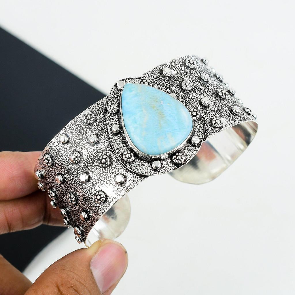 Natural Larimar Gemstone Handmade 925 Sterling Silver Cuff Bangle , Larimar Bangle,For Wife, Unisex Bangle, Gifts For Birthday