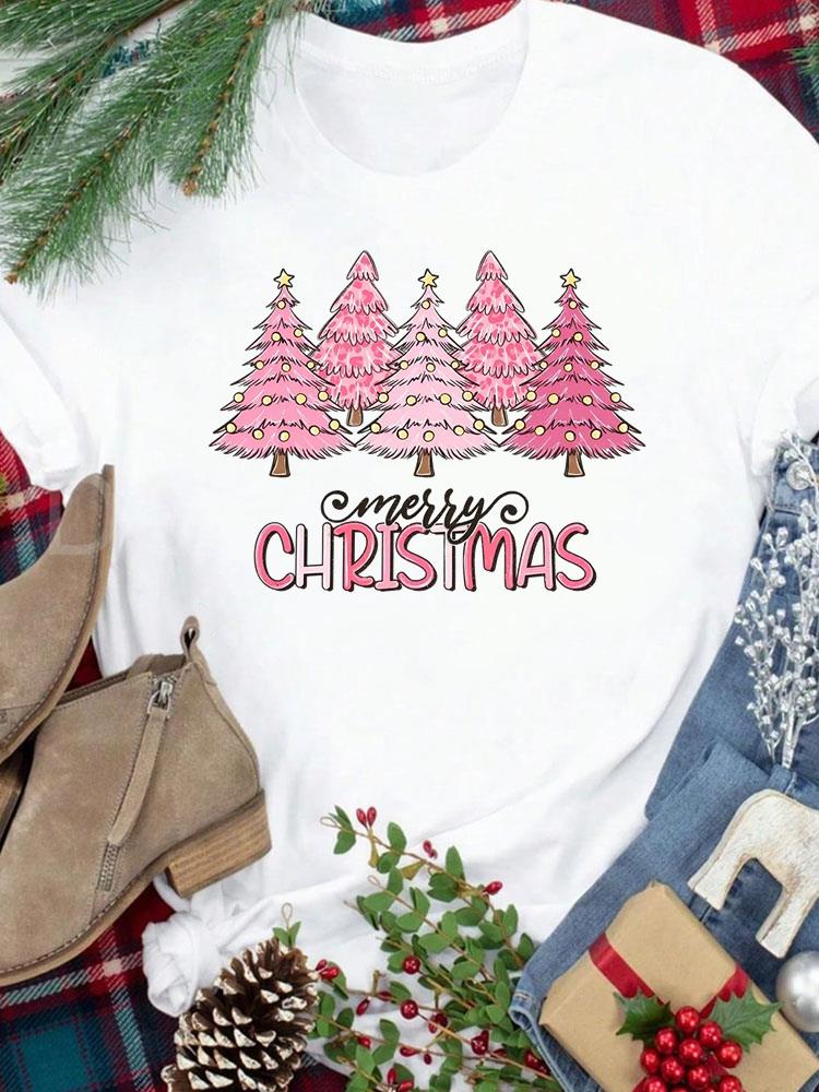 (Asian Size) Star Trend Cute New Year Festival Women Print Holiday Tee Top Merry Christmas Casual Lady Short Sleeve Fashion Graphic T-shirts