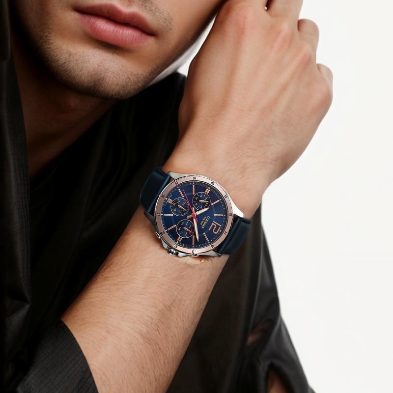 Casio Серия CASIOSTANDARD модный деловой ретро повседневный классический трехглазый шестистрелочный синий циферблат водонепроницаемый кварцевый механизм кожаный ремешок MTP-1374L-2A