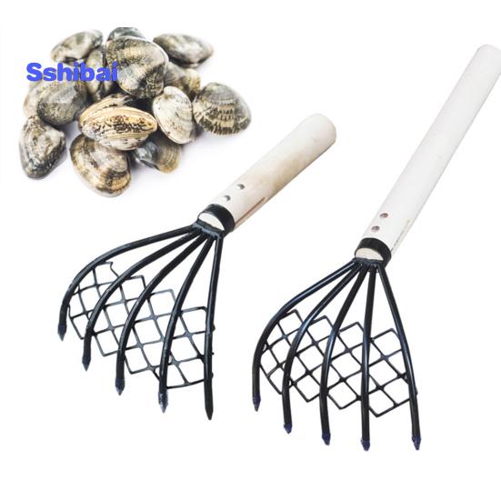 2 шт./компл., стальные грабли-моллюски с деревянной ручкой, сетчатый карман, ракушка для морепродуктов, инструмент для экскаватора, грабли-моллюски, пляжные аксессуары для зажима
