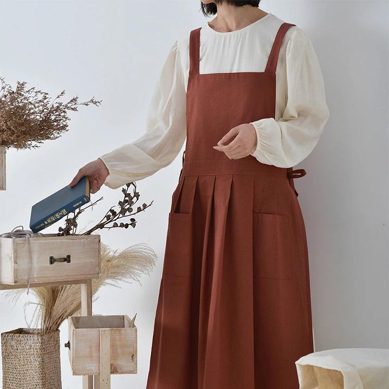 Women Cotton Linen Apron Florist Housework Baking Wrap Apron Flower Shop Work Dress Pinafore Kitchen Cooking Aprons
