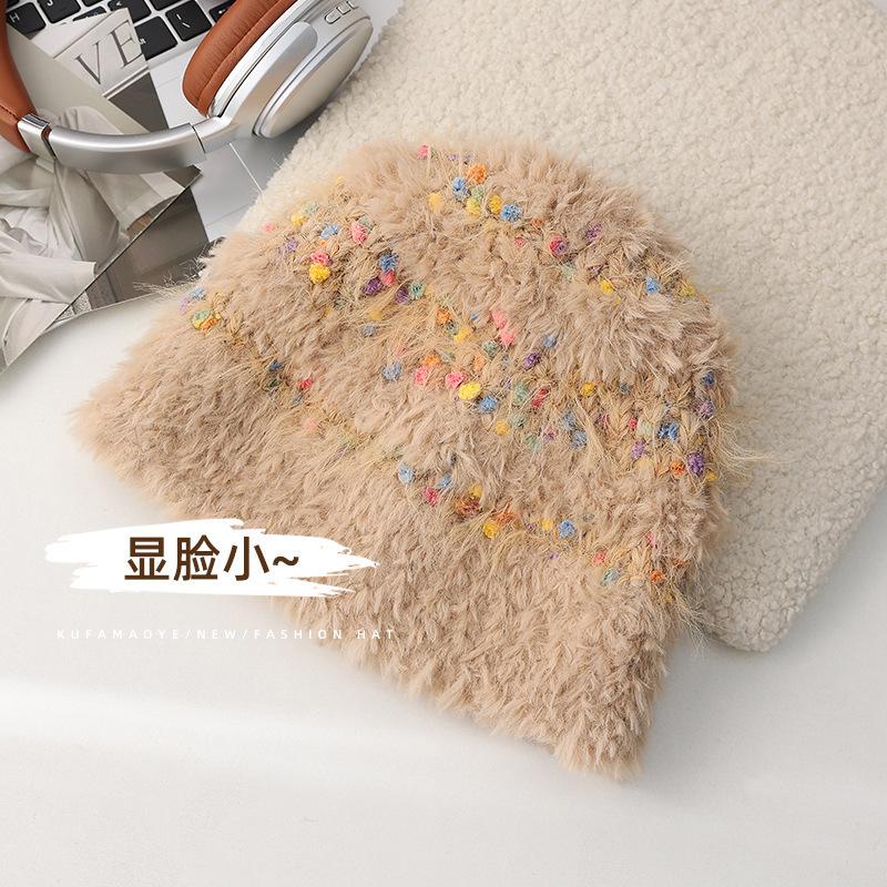 Colored jelly bean plush bucket hat women's autumn and winter face small versatile wool hat big head circumference hat bucket hat