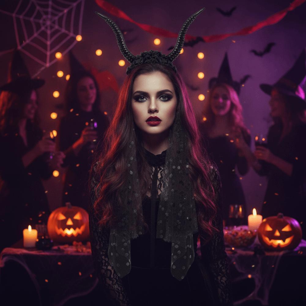 with Veil Halloween Devil Headwear Black Sheep Horn Headband Cosplay Performance Prop