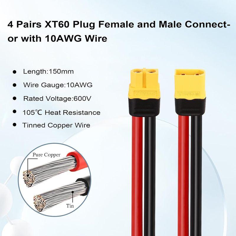 4 Pairs XT60 Plug Female and Male Connector with 150mm 10AWG Wire for RC Lipo Battery FPV Racing Drone