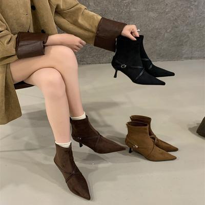 Новые тонкие ботильоны на высоком каблуке детские осень 2025 новые с пряжкой с острым носком темпераментные короткие ботинки ретро одинарные ботинки