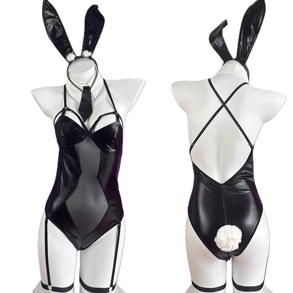 Эротический Косплей Костюм Кожаное Боди с Глубоким V-образным Вырезом Плюшевый Хвост Аниме Горничная Форма Женский Комбинезон Кролика с Открытой Спиной Костюм