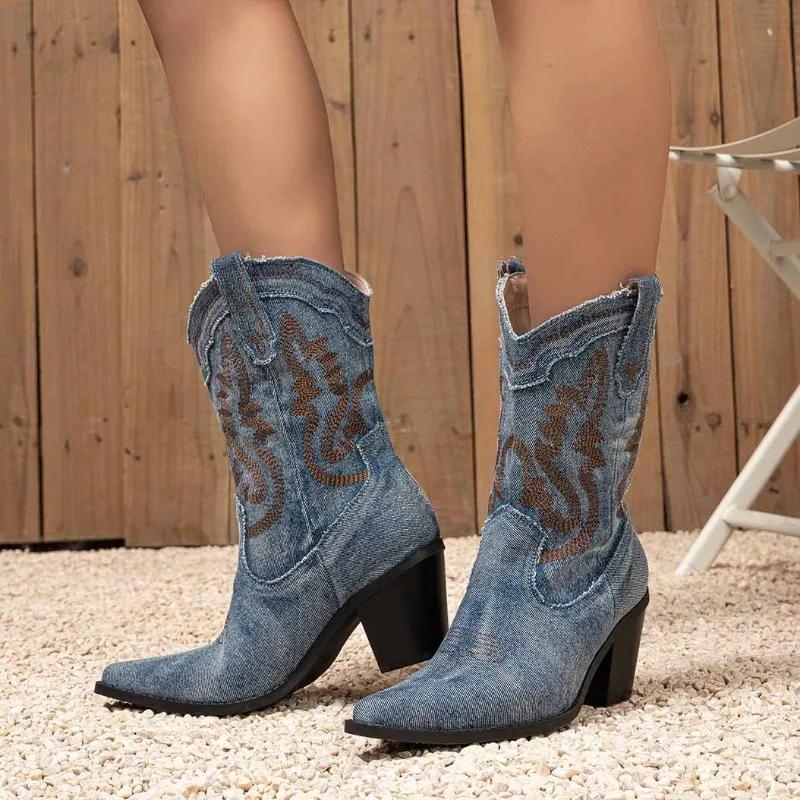 Модные ретро-ботинки с острым носком, универсальные, вышитые, очаровательные, в стиле вестерн, ковбойские сапоги для женщин, обувь без застежек, до середины голени, Botas Para Mujer