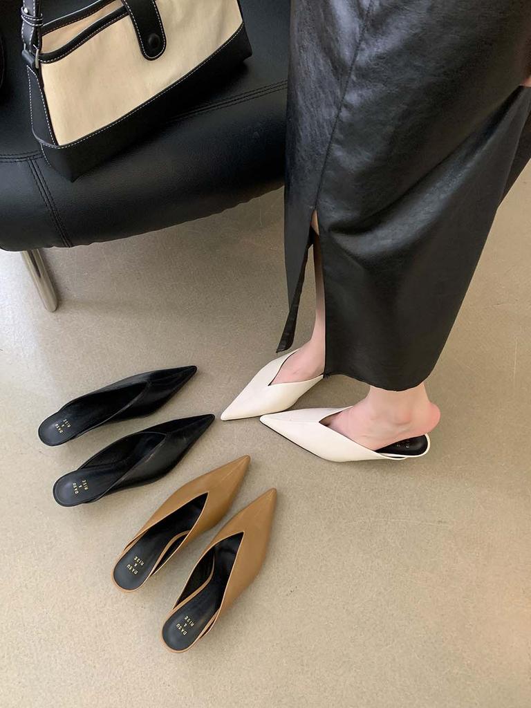 Модные женские туфли-слайды с острым носком, новинка 2024 года, модные туфли на открытом воздухе на тонком низком каблуке, бежевые, коричневые, черные туфли-лодочки для вечеринок 39