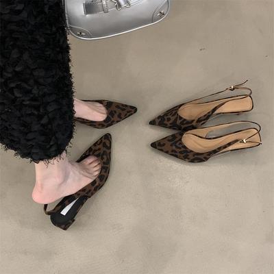 Босоножки на толстом каблуке с сумкой на голову женская обувь новая ниша с юбкой леопардовый принт острый носок пустой высокий каблук одинарная обувь