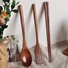 Японская польская деревянная ложка в стиле ретро, ​​вилка, палочки для еды, набор столовых приборов, суп рамэн, мисо, бытовая нескользящая ручка, деревянная посуда
