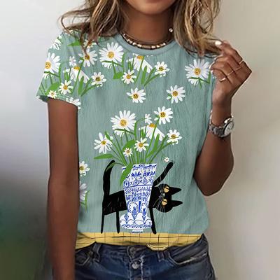 Летняя футболка с круглым вырезом для женщин с принтом милого кота 3D, модная повседневная женская летняя одежда с коротким рукавом и круглым вырезом