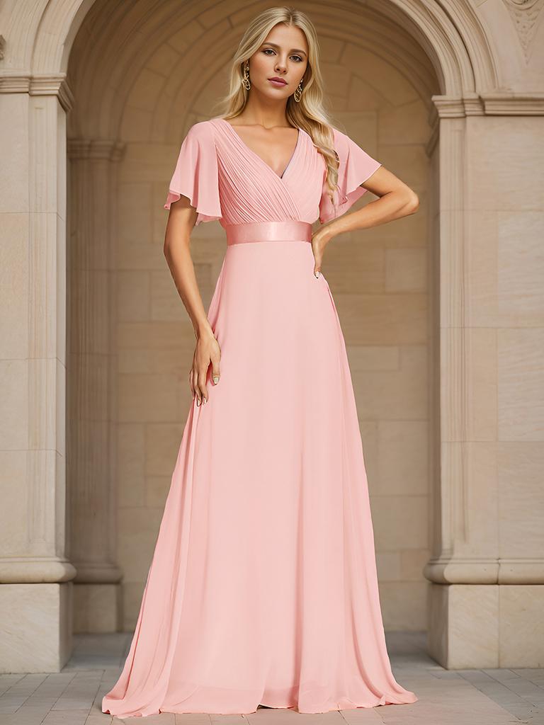 Ever-Pretty Women's Double V-Neck Empire Waist Floor Length Chiffon Evening Dresses with Short Flutter Sleeves