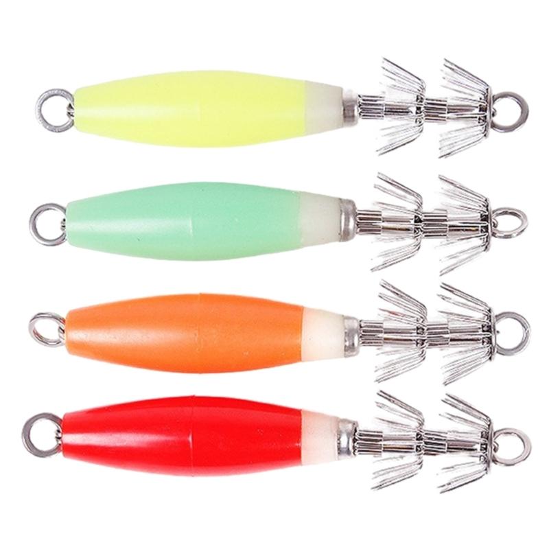 4Pcs Fishing Lures Baits Jig Glowing in Dark with Stainless Needle Saltwater Cuttlefish Sleeve Glowing Squid Jig Hook