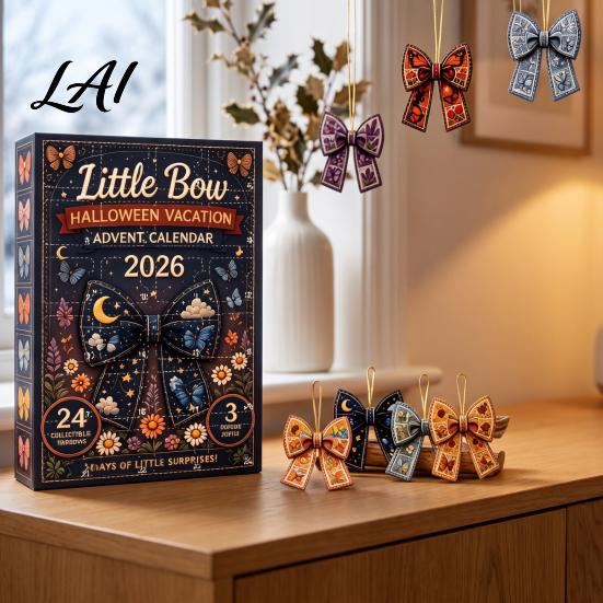 Christmas Gift for Family 24Pcs Advent 2D Flat Retro Calendar with Acrylic Bow Ornaments Decorative