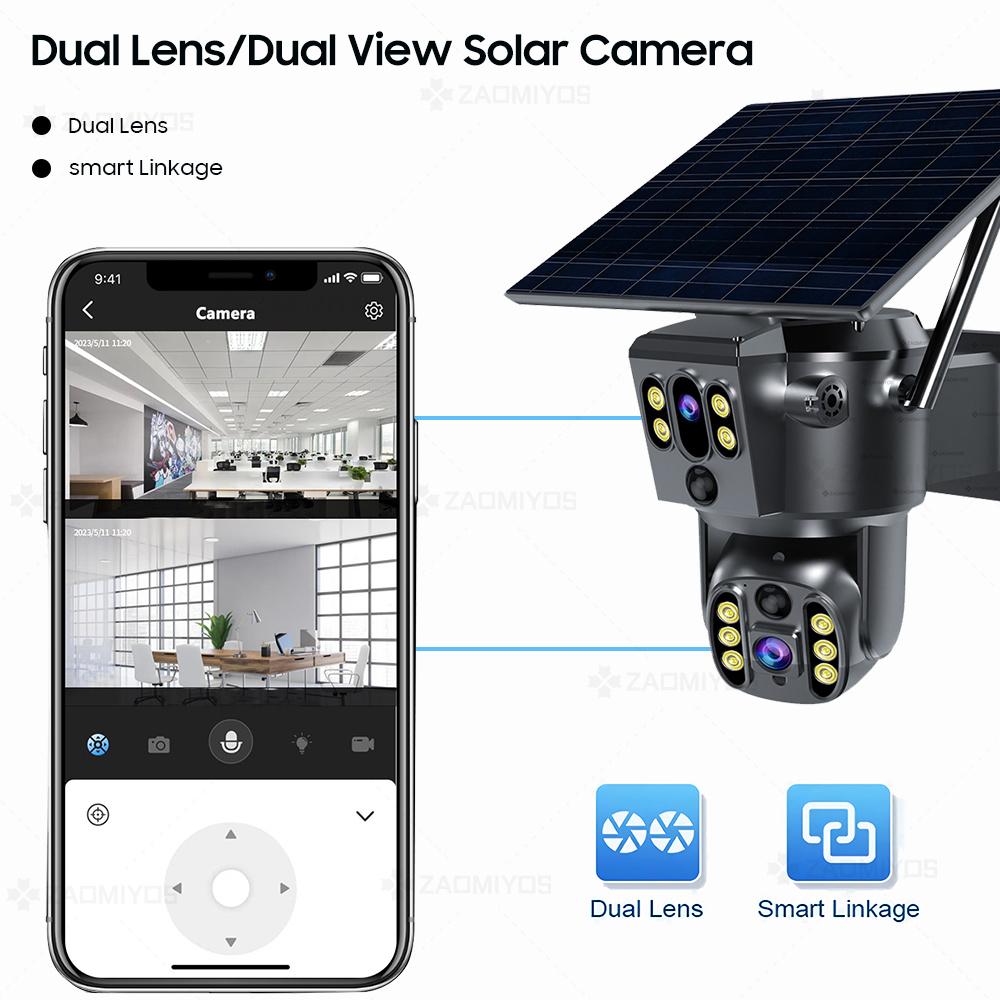 4G SIM-карта, солнечная, двойной объектив/вид 4K WIFI, беспроводная IP-камера PTZ, наружная, PIR-обнаружение, безопасность, ночное видение, наблюдение