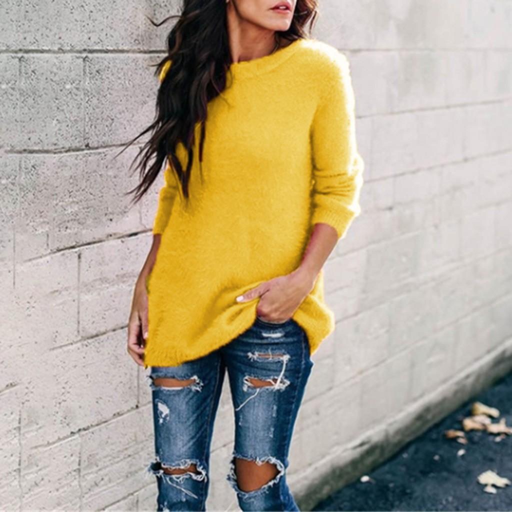 Женская бархатная однотонная блузка с круглым вырезом и длинными рукавами