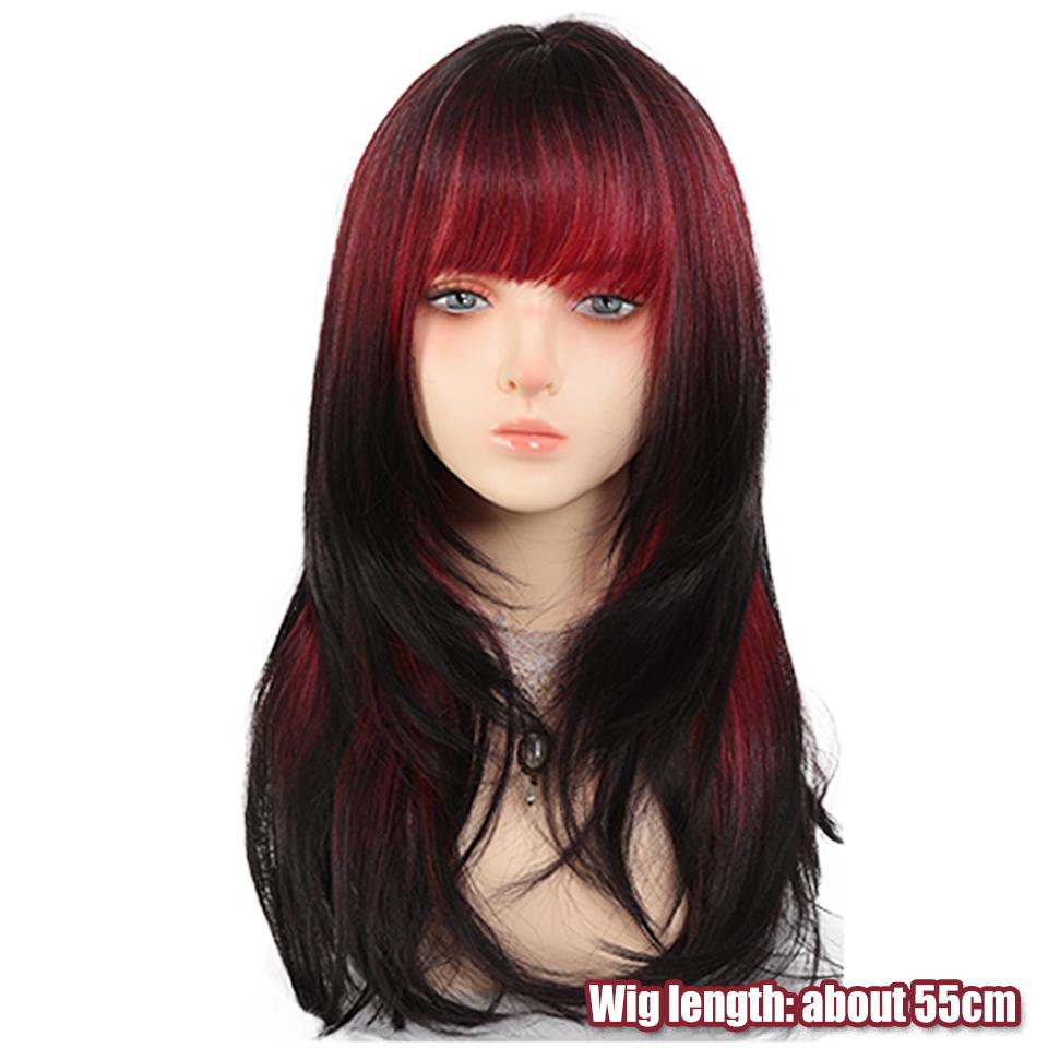 Red Gradient Black Straight Hair Synthetic Wig Female Daily Sweet and Cool Style Layered Gradient Long Wig