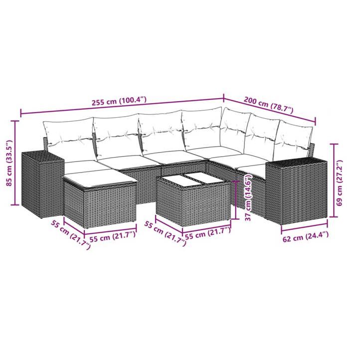 VidaXL Salon de Jardin avec Coussins 8 pcs, Canapés de Terrasse, Ensemble de Meubles de Patio, Mobilier d'Extérieur, Noir 3222904