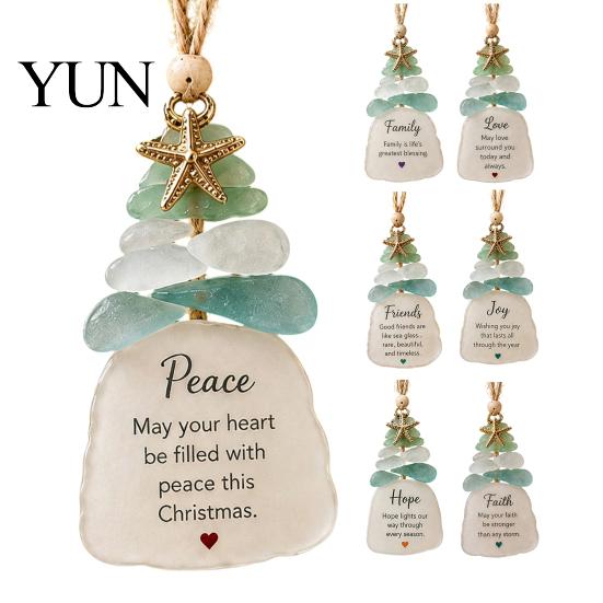 Lightweight Christmas Decorations Sea Glass Tree Ornament, Seaglass Art Hanging Decor with Starfish Charm, Peace Love Joy Faith Family Friends