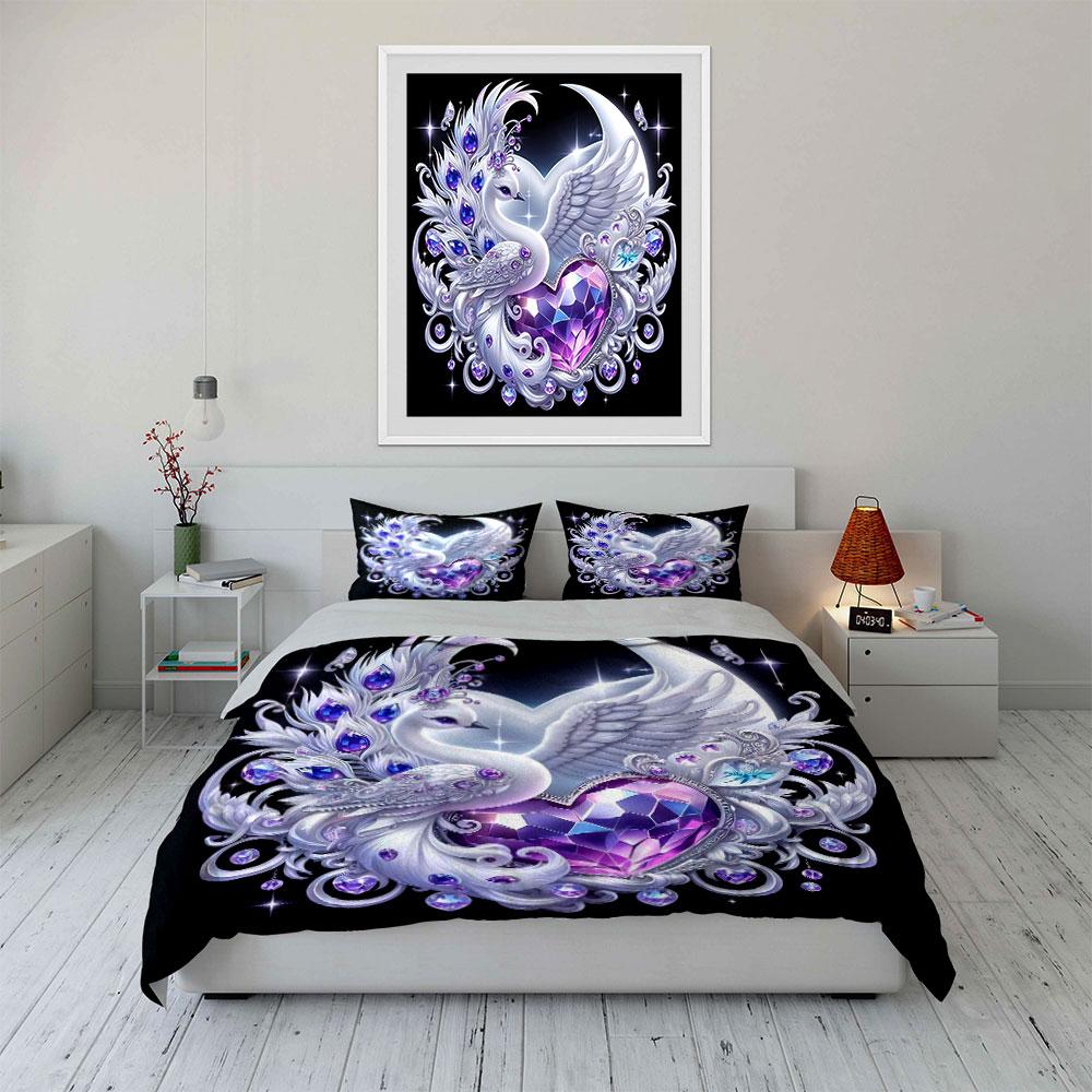 "Elegant Swan Heart Decor Set" Bedding Set with 1 Duvet Cover 2 Pillowcases Single Double King Queen, Gift