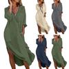 Women Summer Lapel V Neck Shirt Dress Solid Color Pockets Design Side Split Loose Fit Thin Midi Dress Beach Holiday Dress