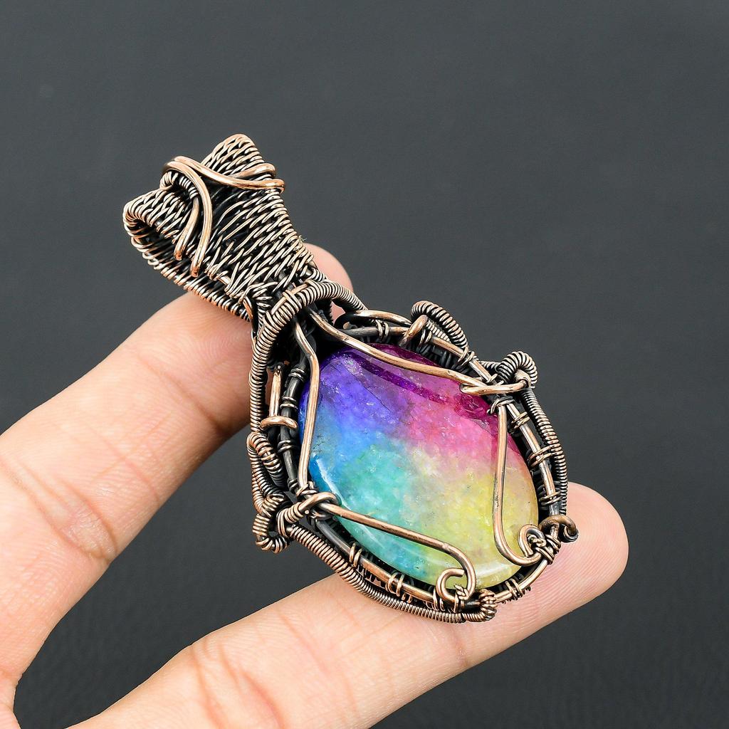 Rainbow Solar Quartz Gemstone Handmade Pure Copper Wire Wrapped Pendant Jewelry For Memorial