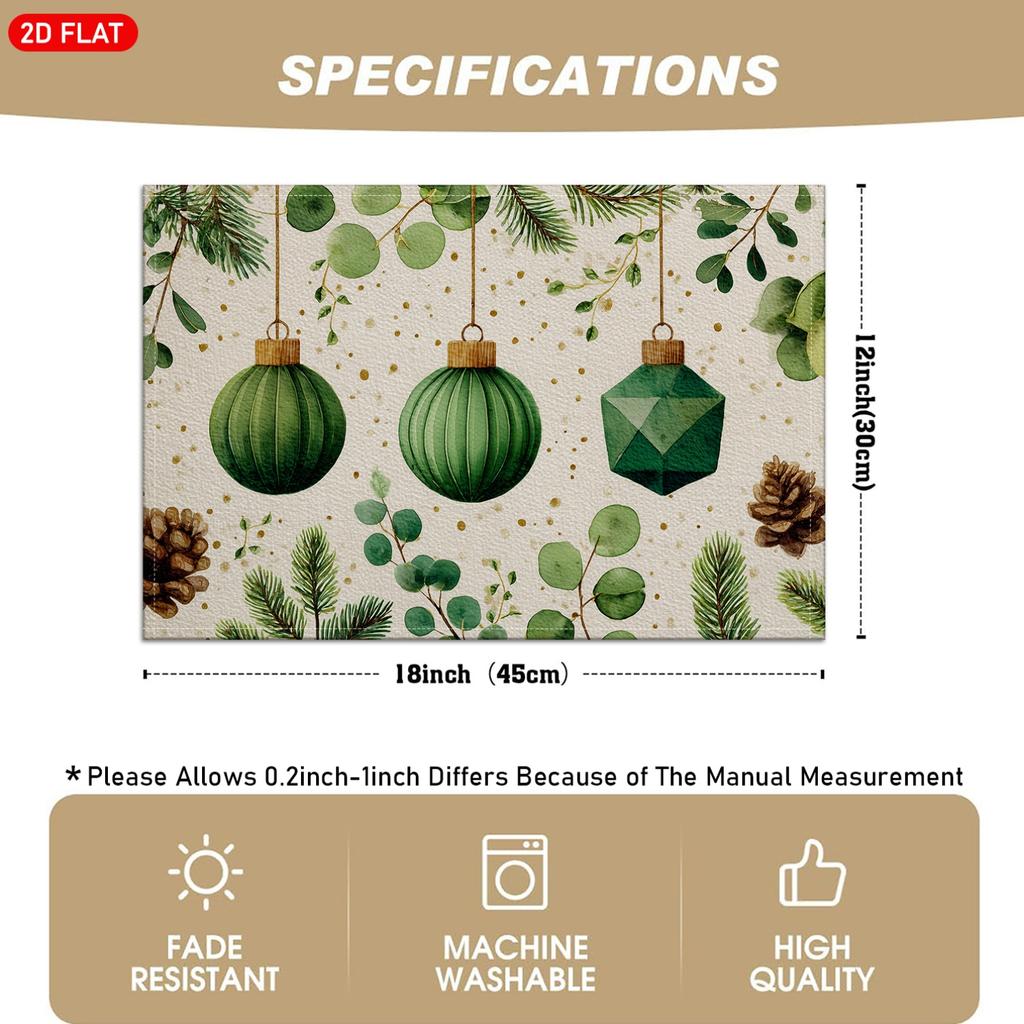 Of 4/6 Christmas-Themed Placemats Featuring Designs of Green Christmas Balls, Pine Branches, Pine Cones, And Eucalyptus Leaves, Suitable for Holiday T