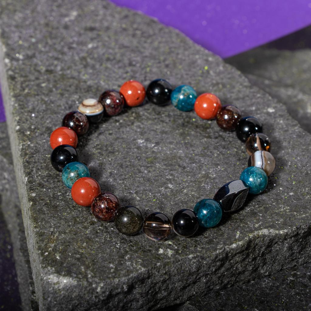 Браслет Девы Бордовый Красный гранат Гранат, дымчатый кварц, золотой обсидиан, яшма, голубой апатит, черный глазчатый агат