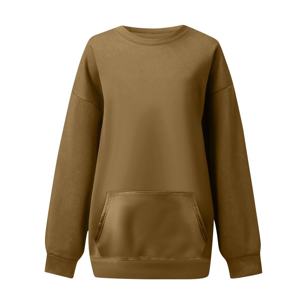 Женский повседневный модный свитшот с длинным рукавом, однотонный, с круглым вырезом и карманами