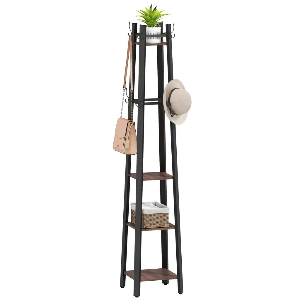 Coat Rack with 4 Levels, Free-Standing Clothes Stand, 8 Hooks, 4 Shelves, Industrial Style, Metal, Chipboard, Brown