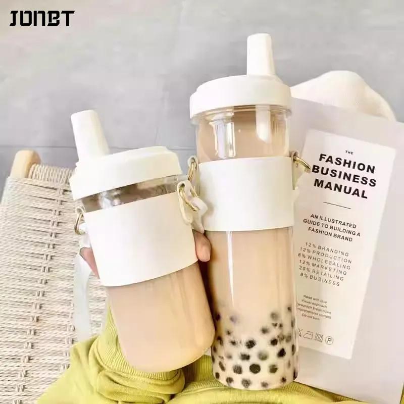 500/850 мл Бутылки для воды с трубочкой Пластиковый стакан Стакан для молока и сока с крышкой Кожаный чехол Стаканы для бабл-ти и кофе Большая емкость Посуда для напитков